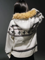 WHOOSIS Fair Isle Fur Collar Knitted Jacket
