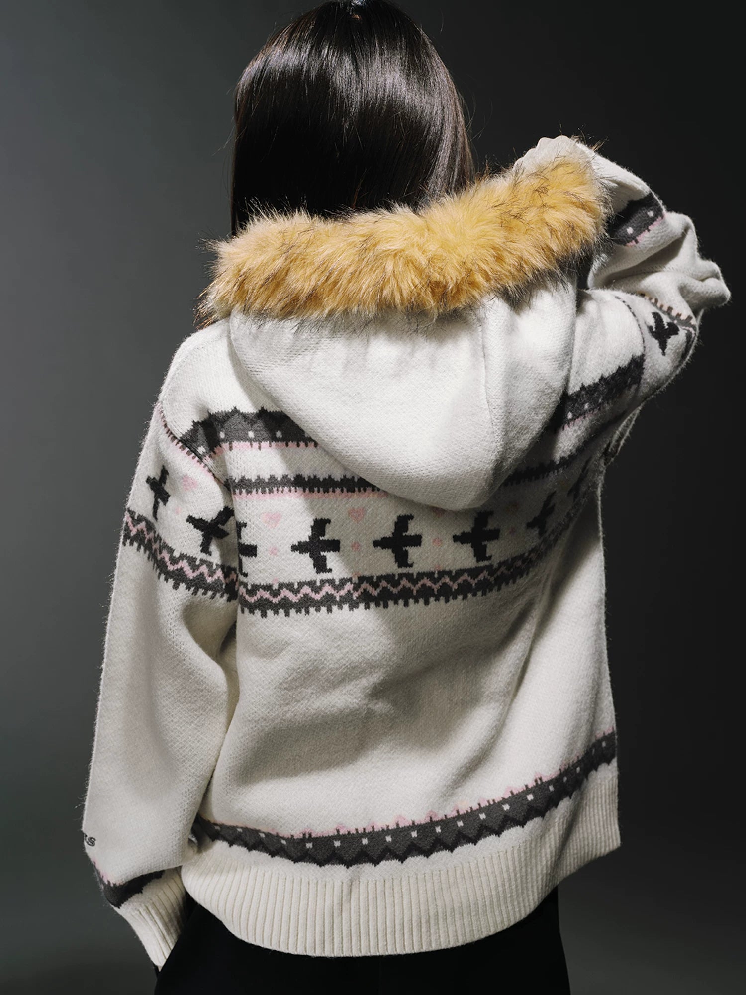 WHOOSIS Fair Isle Fur Collar Knitted Jacket