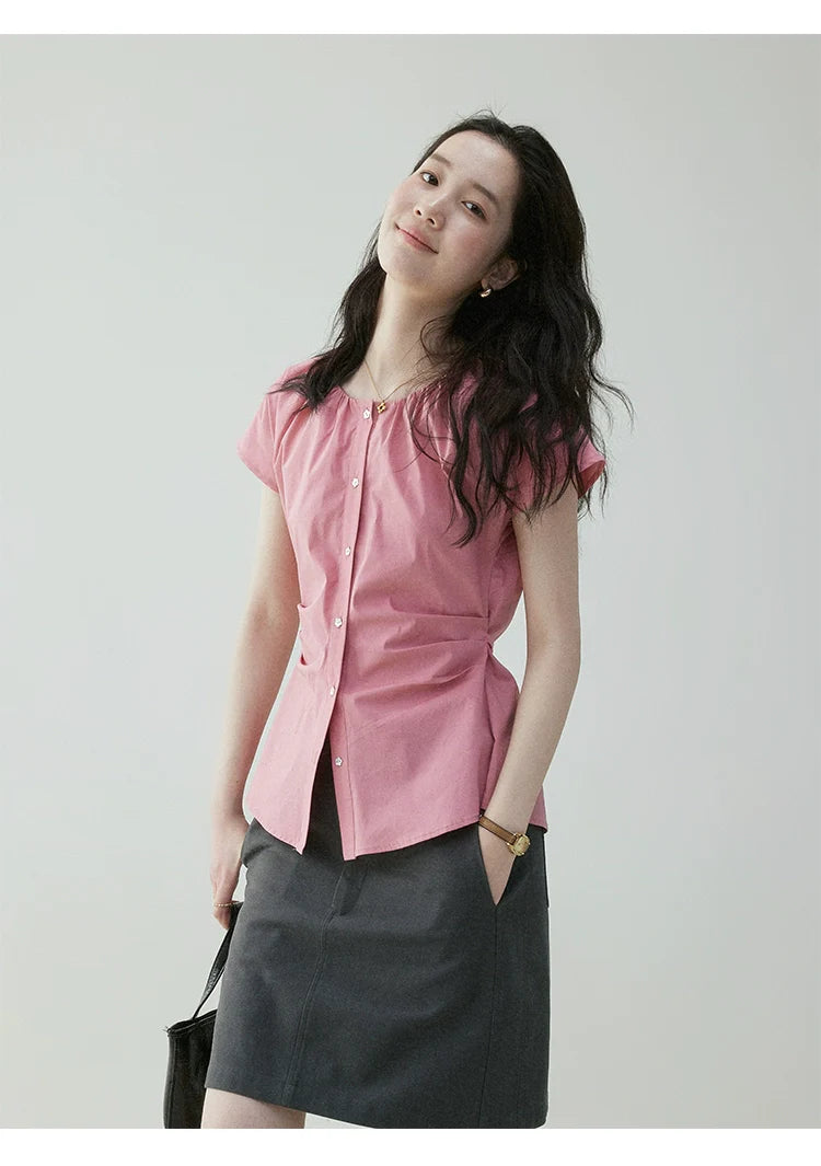 VOOE Waist Pleated Strap Slim-fit Shirt