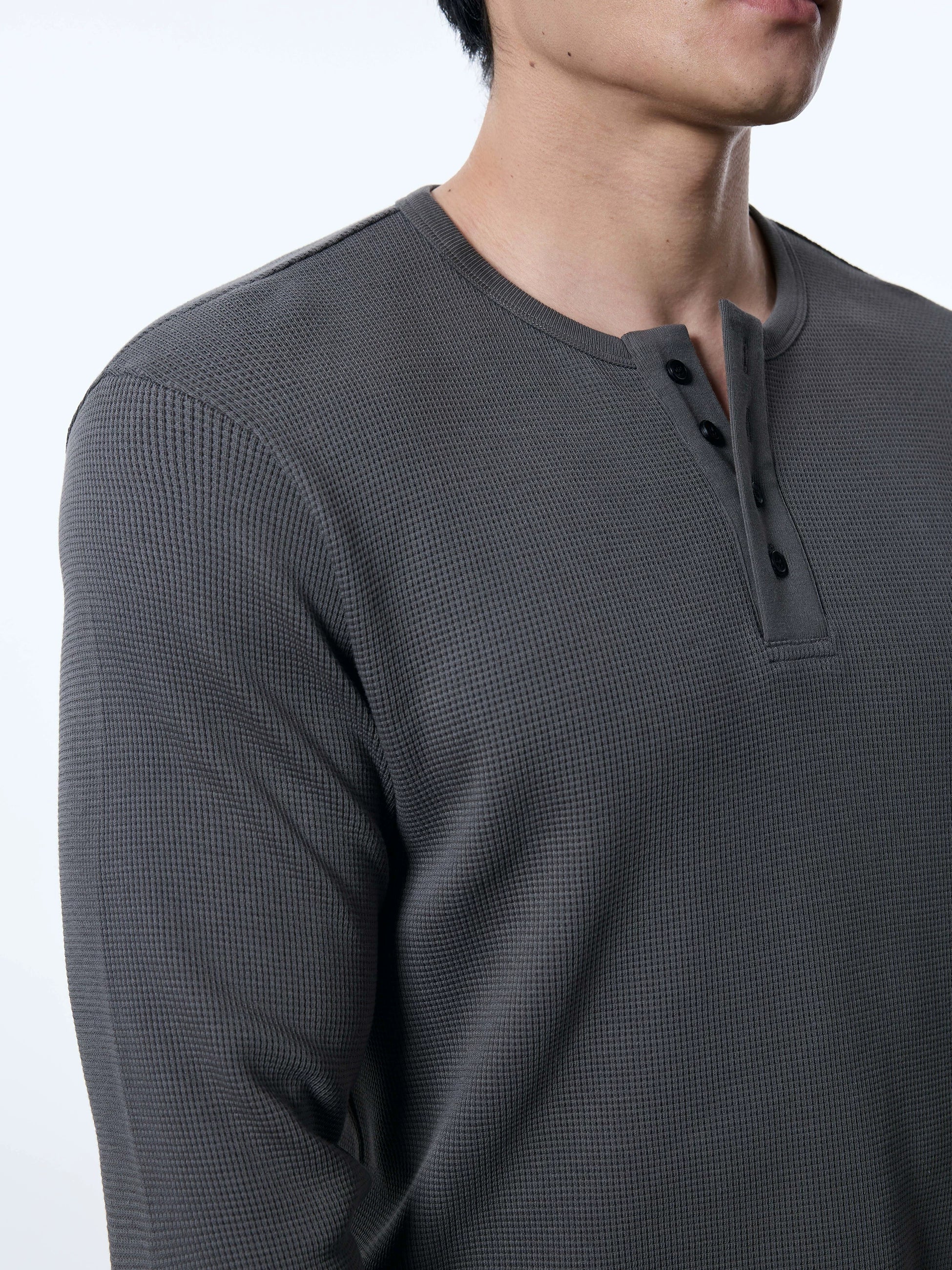 ONEFIT MAX Pure Cotton Henry Collar Waffle Long Sleeve Top