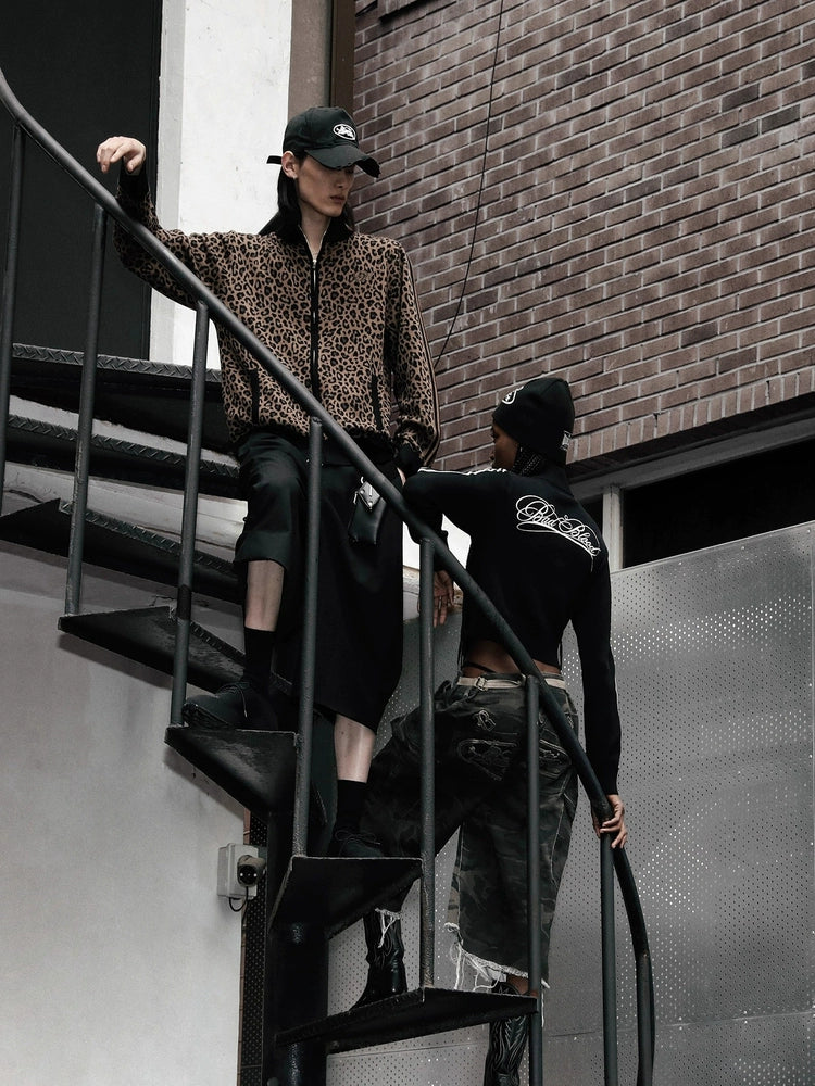 BADBLOOD Leopard Print Zip Cardigan Stand Collar Knit Jacket