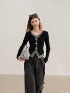 cantonstory Fake Two Piece V Neck Knit Long Sleeve Top