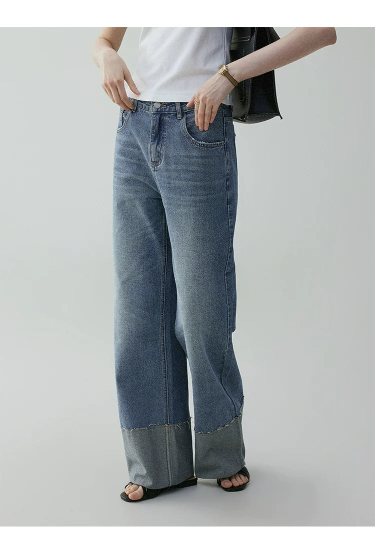 VOOE Korean Loose Fold-Over Curled Wide-Leg Jeans