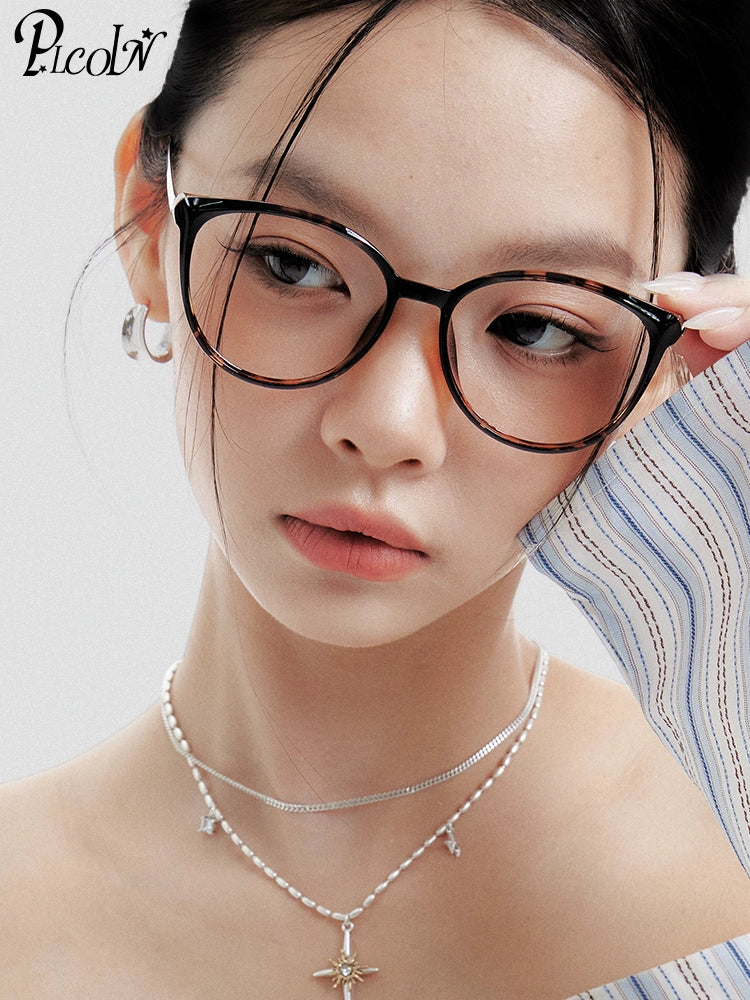 PLCOIN Tortoise Shell Round Cat-Eye Glasses Anti-Blue Light Myopia