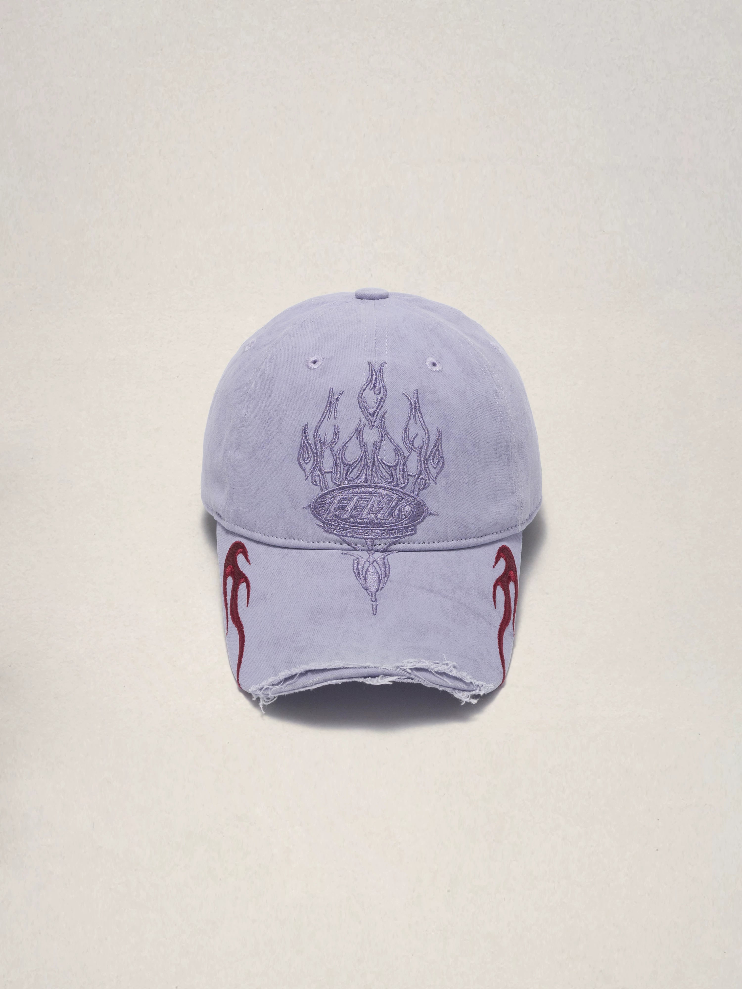 Fleamarket Retro Washed Destroyed Brim Flame Embroidered Baseball Cap