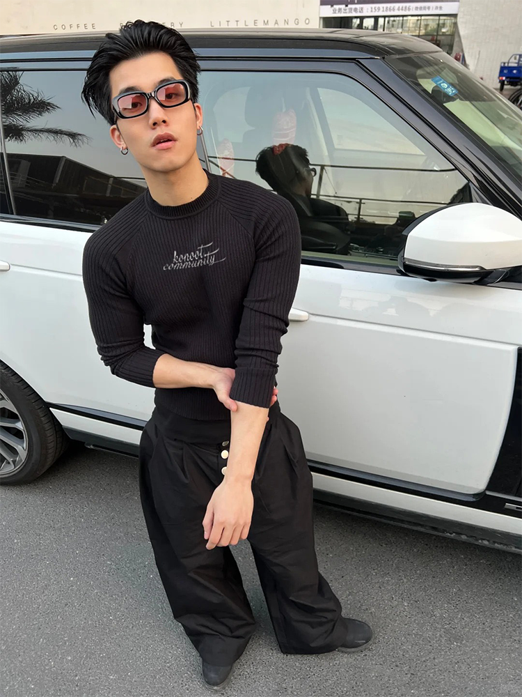 Community Letter Embroidery Slim Fit Sweater