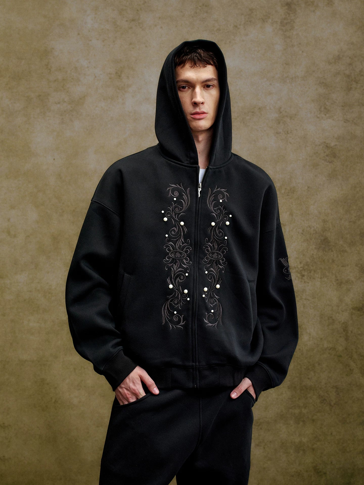 YADcrew Heavy Duty Embroidered Pearl Zipper Hooded Jacket