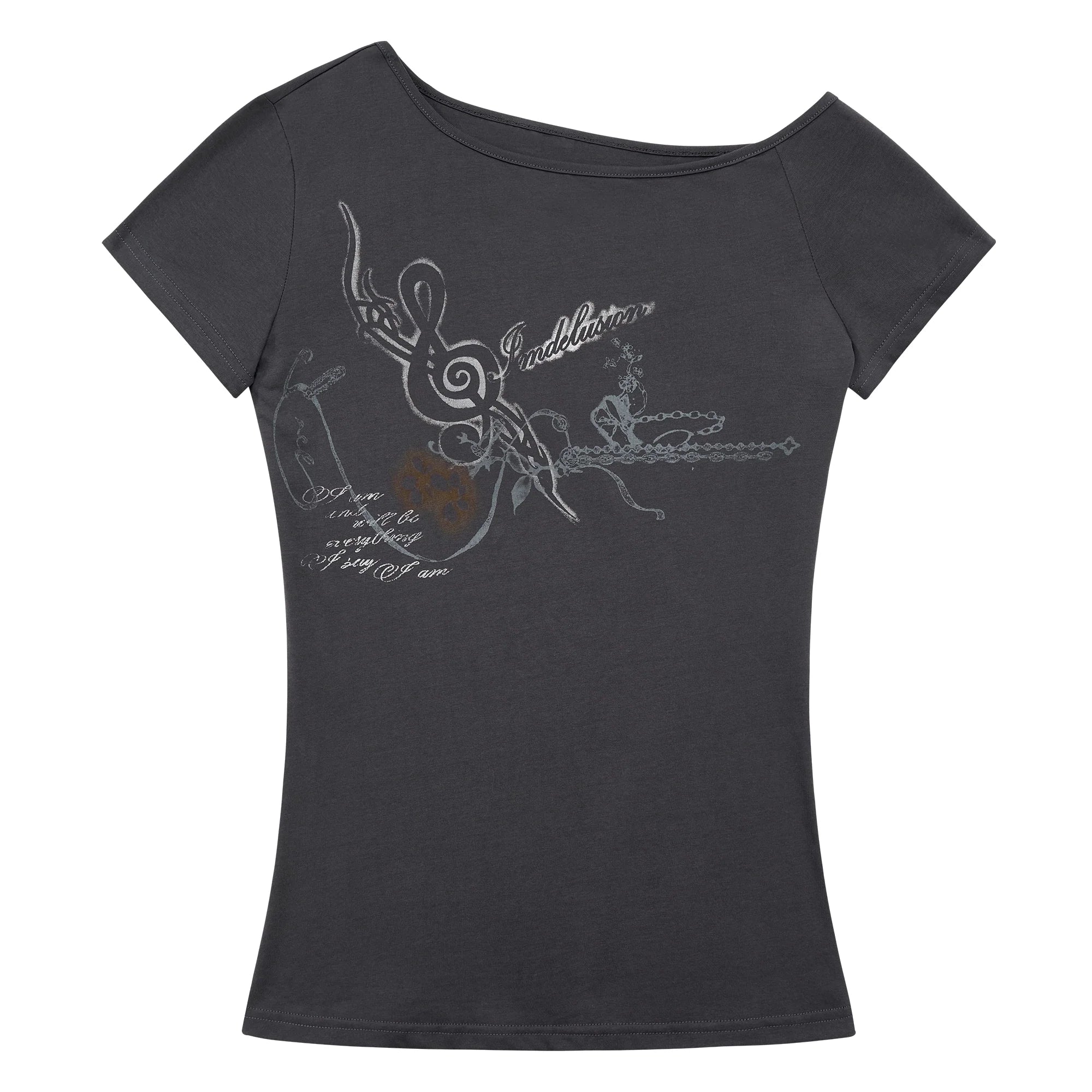 Imdelusion Open Shoulder Slant Shoulder Elastic Slim Tee