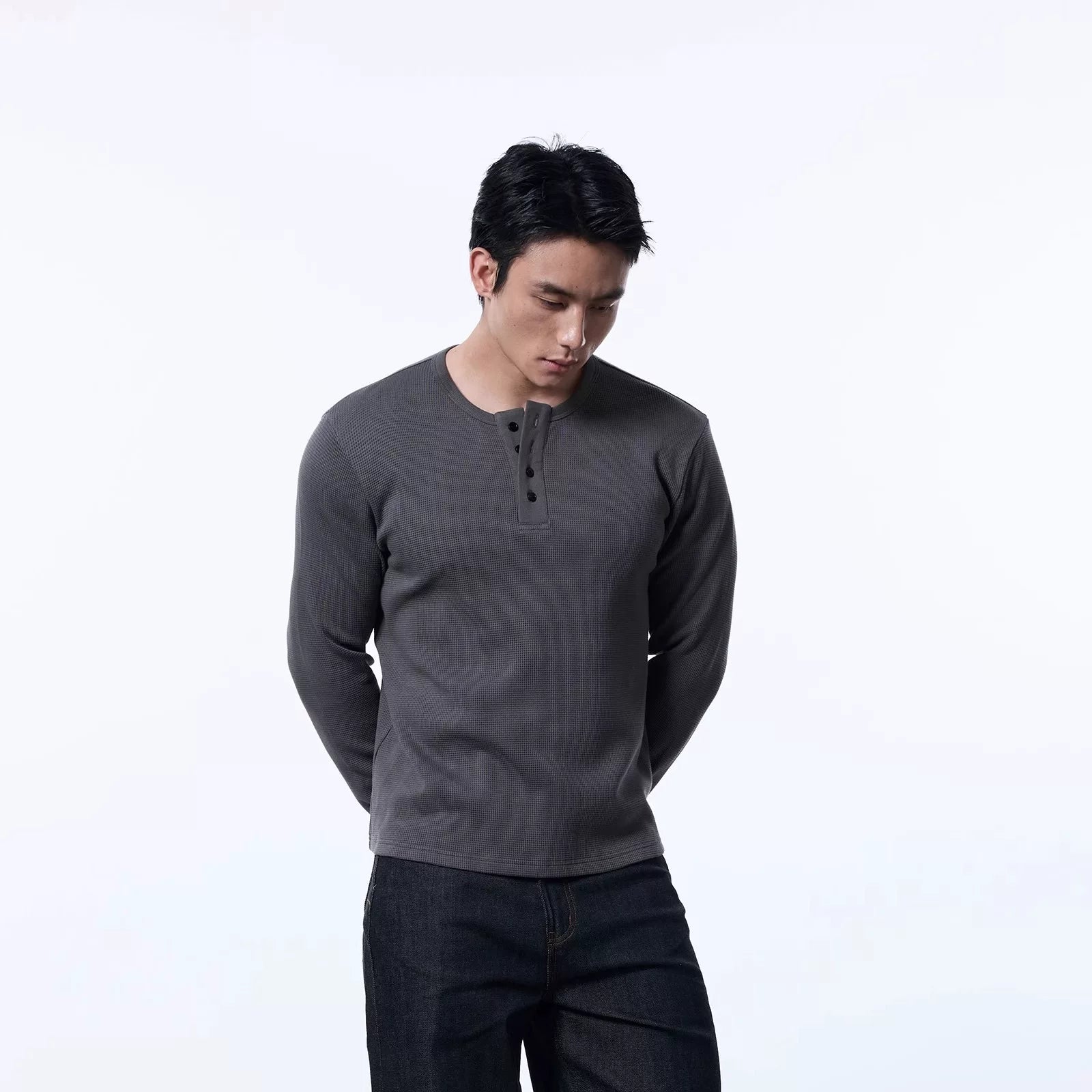 ONEFIT MAX Pure Cotton Henry Collar Waffle Long Sleeve Top