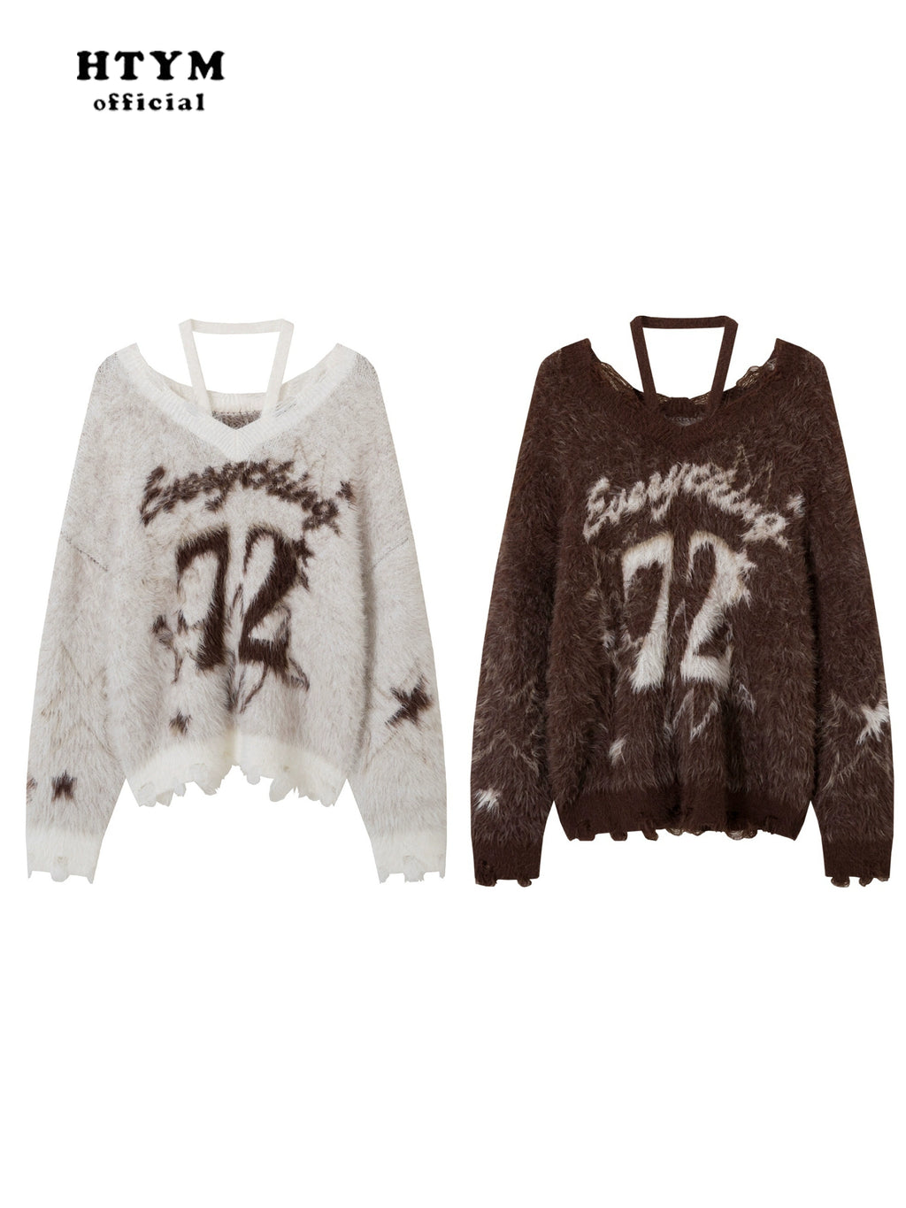 HTYM Halter One-Shoulder Mohair Sweater for Women