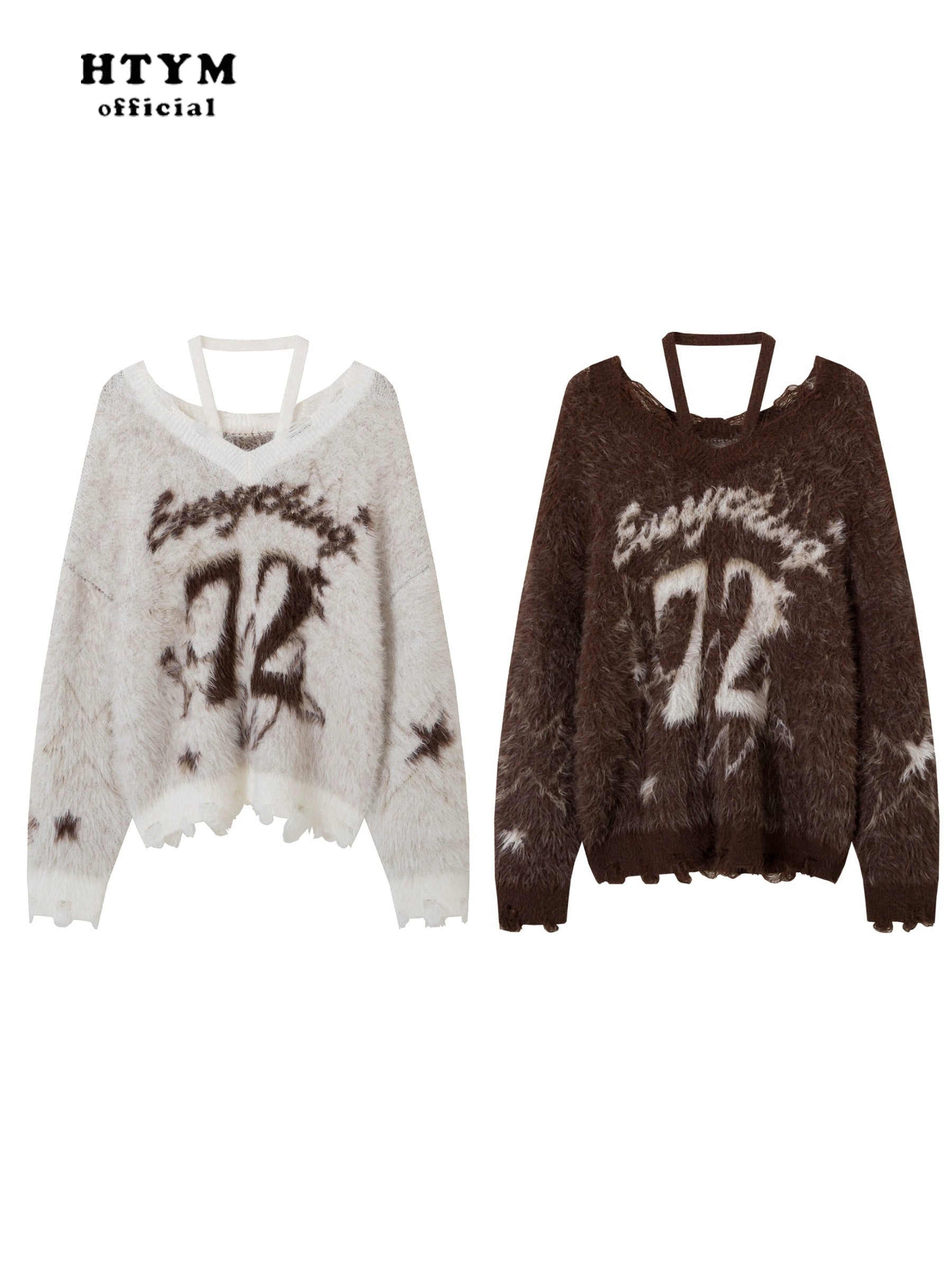 HTYM Halter One-Shoulder Mohair Sweater for Women