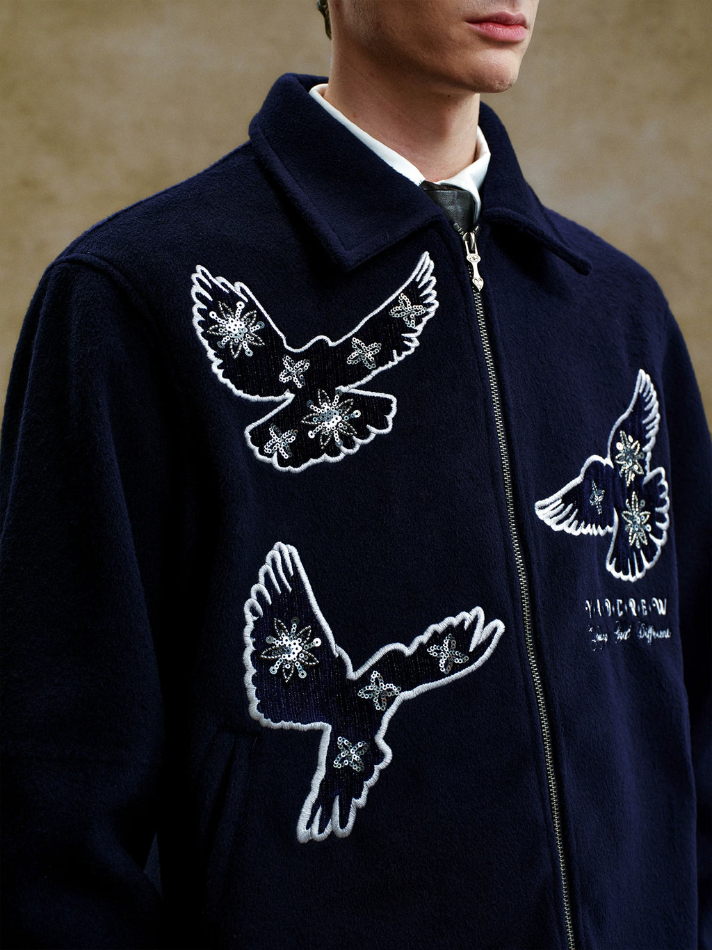 YADcrew Quilted Sequined Peace Dove Fabric Lapel Jacket