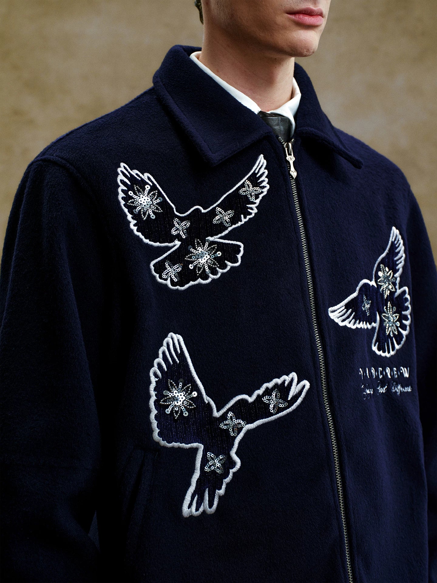 YADcrew Quilted Sequined Peace Dove Fabric Lapel Jacket