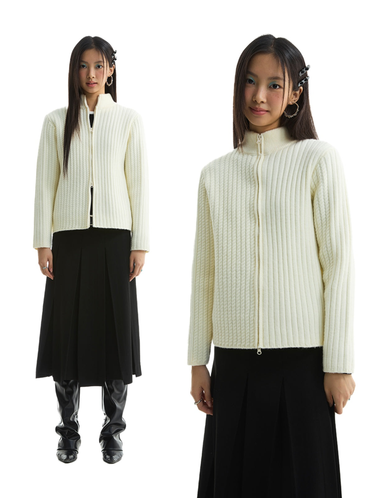 FUNKYFUN Twist Double Pit Strip Zipper Knitted Sweater Jacket