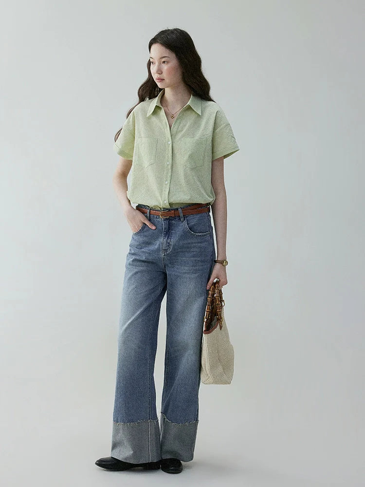 VOOE Korean Loose Fold-Over Curled Wide-Leg Jeans