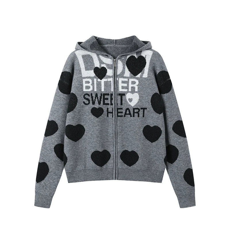 DONSMOKE Love Print Soft Waxy Lazy Contrasting Color Knitted Zipper Jacket