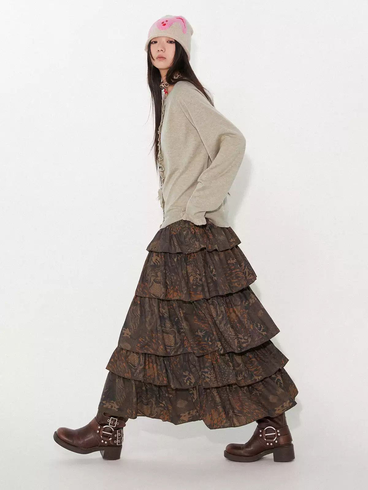 Celebrity Style Coral Ripple A-Line Hand-Painted Skirt