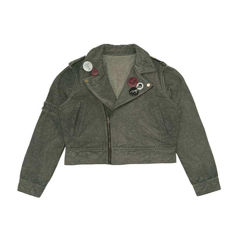 noEmosen Tie Gray Green Dyed Motorcycle Collar Jacket
