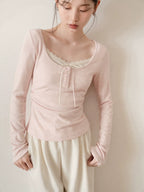 cantonstory French Lace Splicing Knit Long Sleeve Top