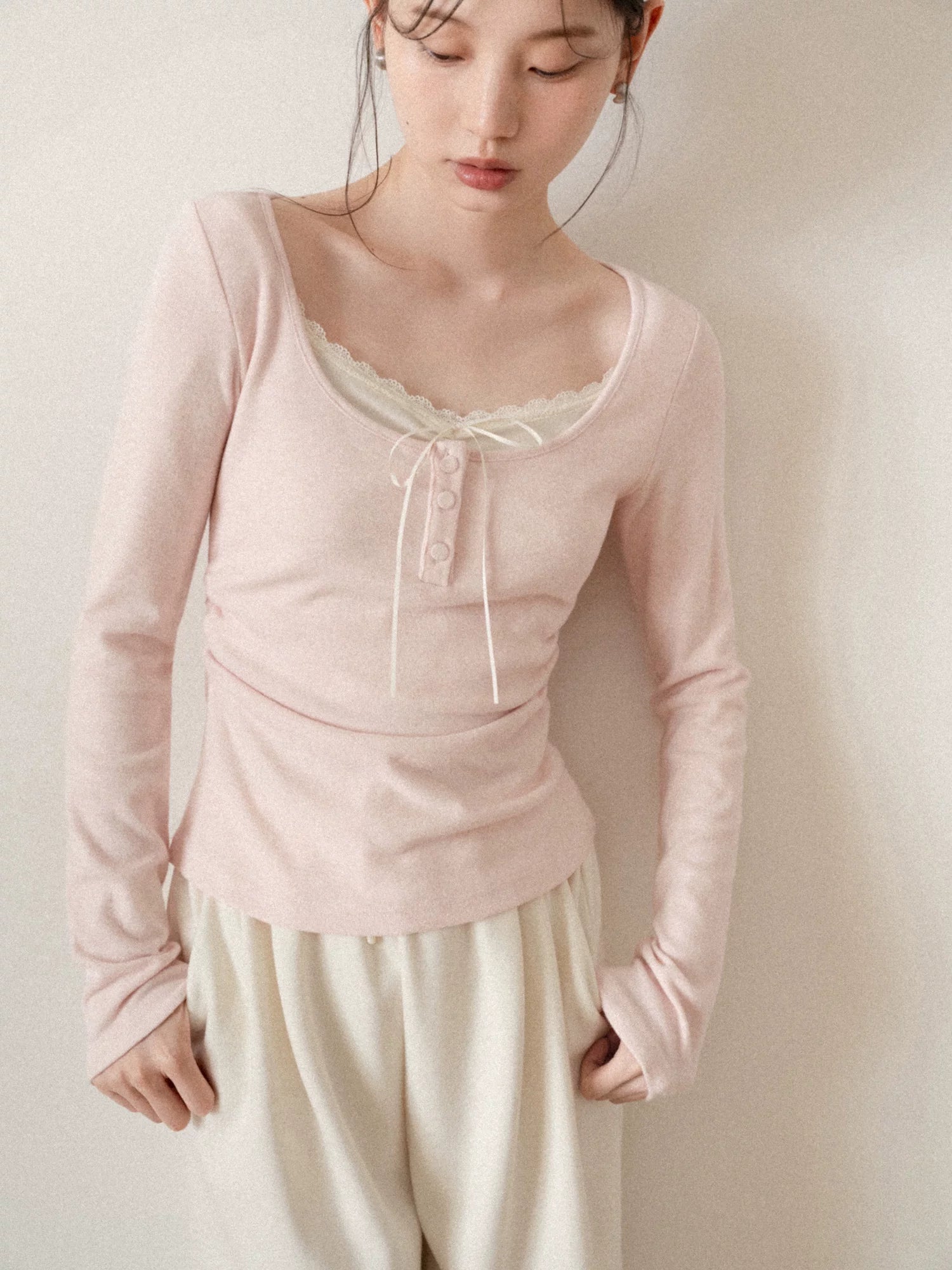 cantonstory French Lace Splicing Knit Long Sleeve Top
