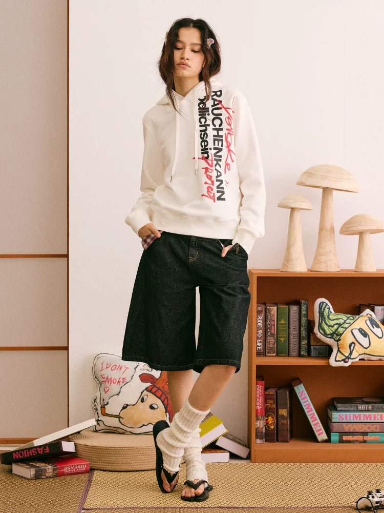 DONSMOKE Front Shoulder Vertical Word Versatile Hooded Sweater