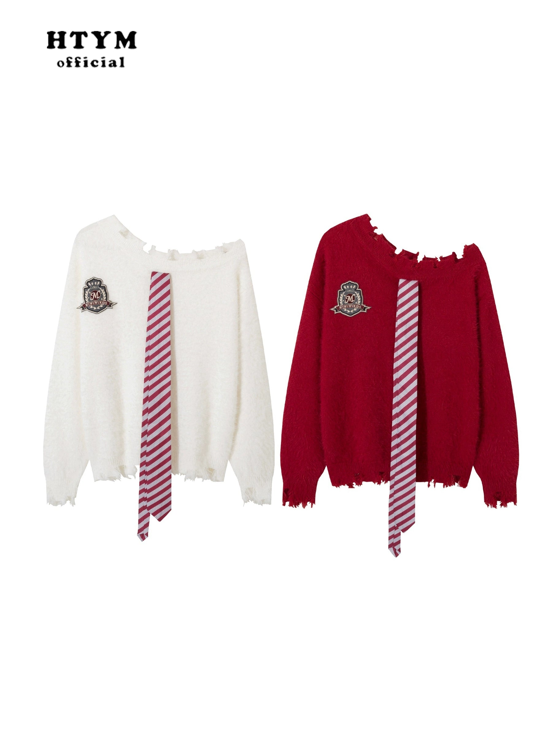 HTYM Striped One-Shoulder Mohair Sweater for Women