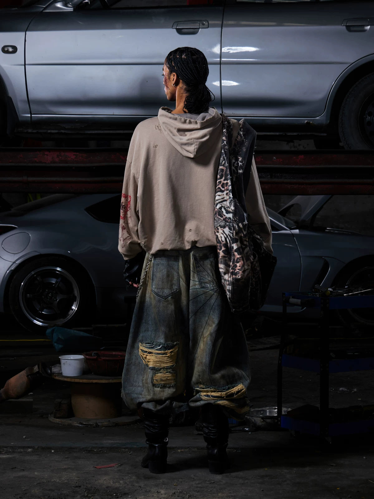 PEOPLESENSE Double Layer Fire Horse Print Distressed Hooded Sweatshirt