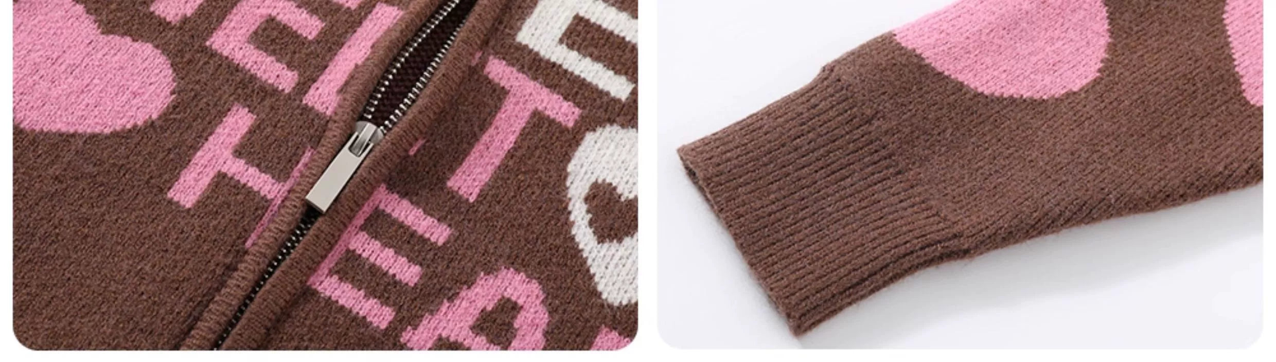 DONSMOKE Love Print Soft Waxy Lazy Contrasting Color Knitted Zipper Jacket