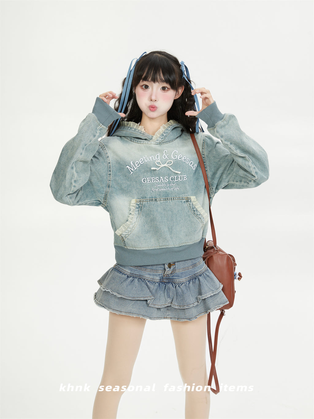 NERESUM Lace Patchwork Denim Hoodie Sweatshirt Trendy Preppy Street Cropped Hoodies