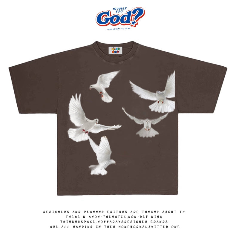 GOODGOD Peace Dove Printed Loose T-Shirt