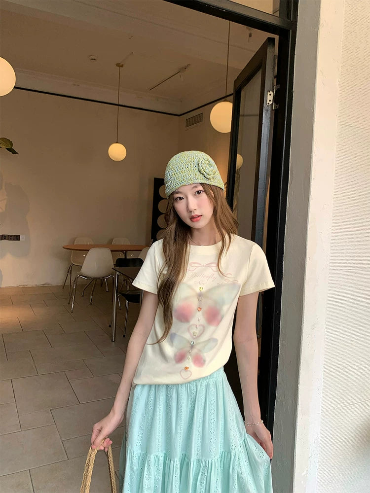 CCKOK Dream Butterfly Print Slim Shoulder T Shirt