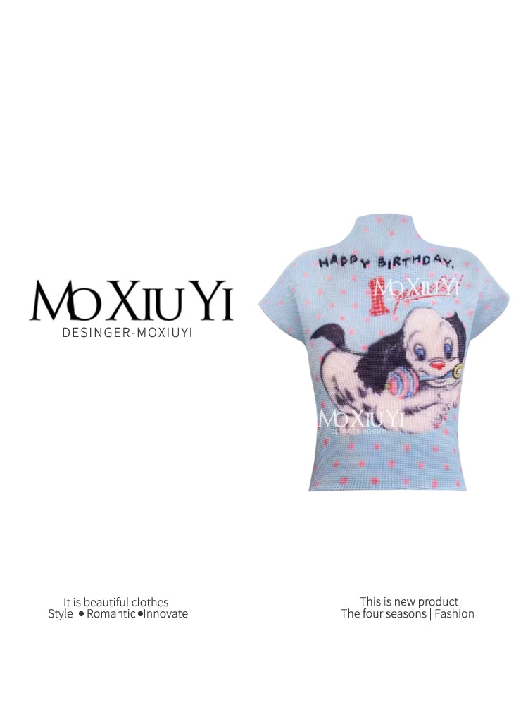 MoXiuYi Spot Blue Pink Dalmatian Pleated Half Turtleneck T-shirt