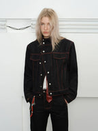 KREATE Contrasting Bright Line Diagonal Placket Stand-up Collar Denim Jacket