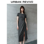 URBAN REVIVO Pleated Slit Slim Short Sleeve Dress