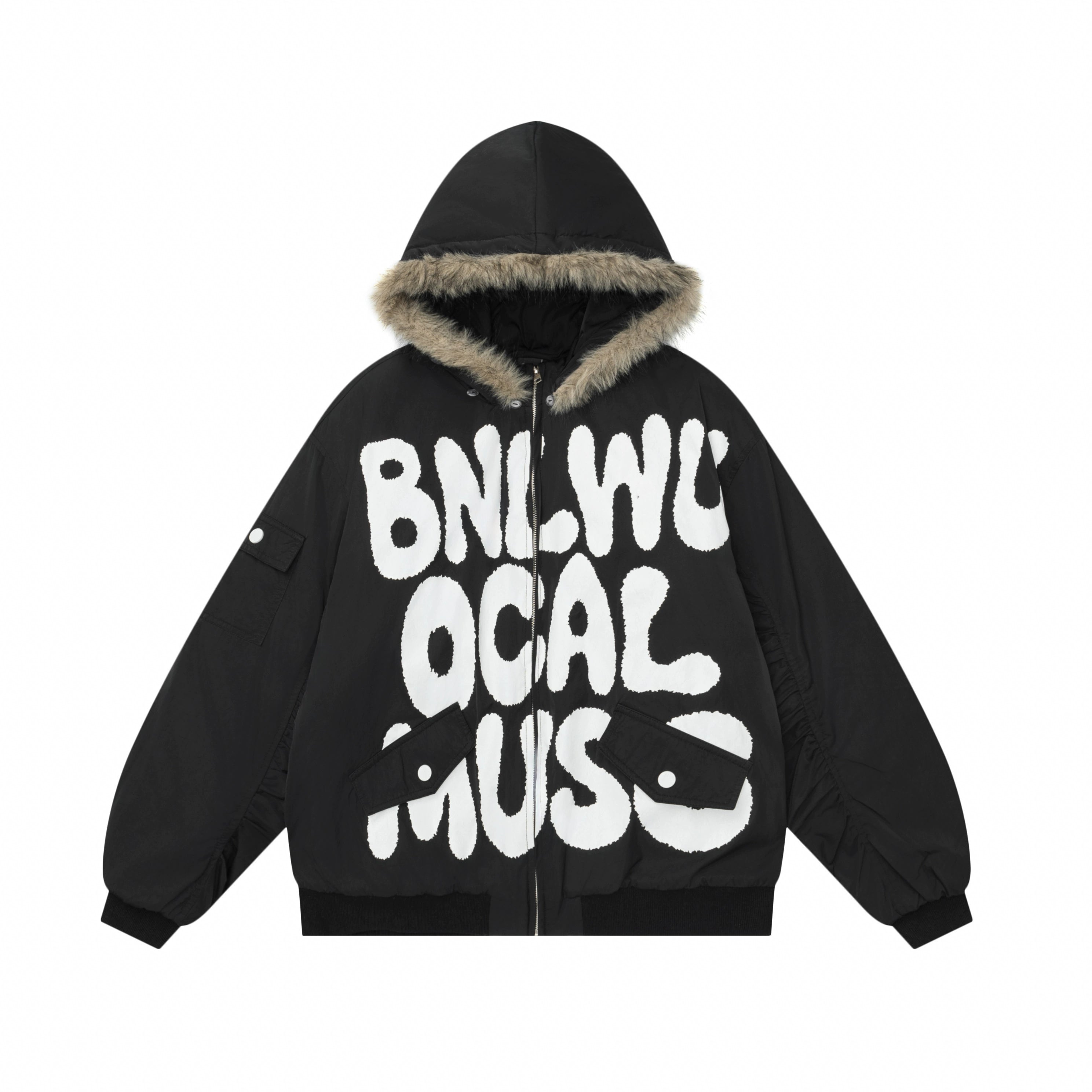 HTYM Retro Letter Print Fur Collar Cotton Coat for Women