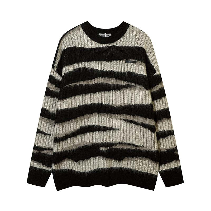 European & American Retro Striped Color Block Crewneck Sweater