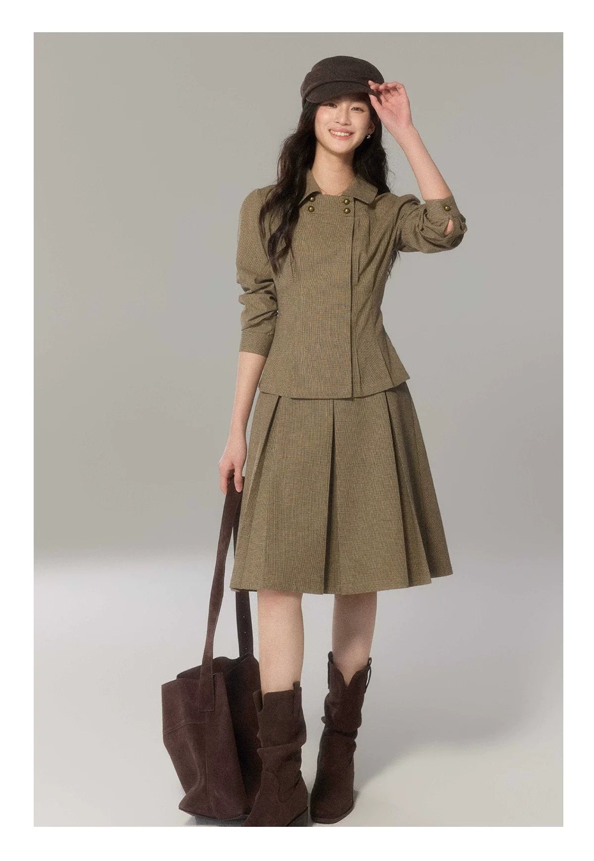 TYANG Retro Plaid Shirt Skirt Set