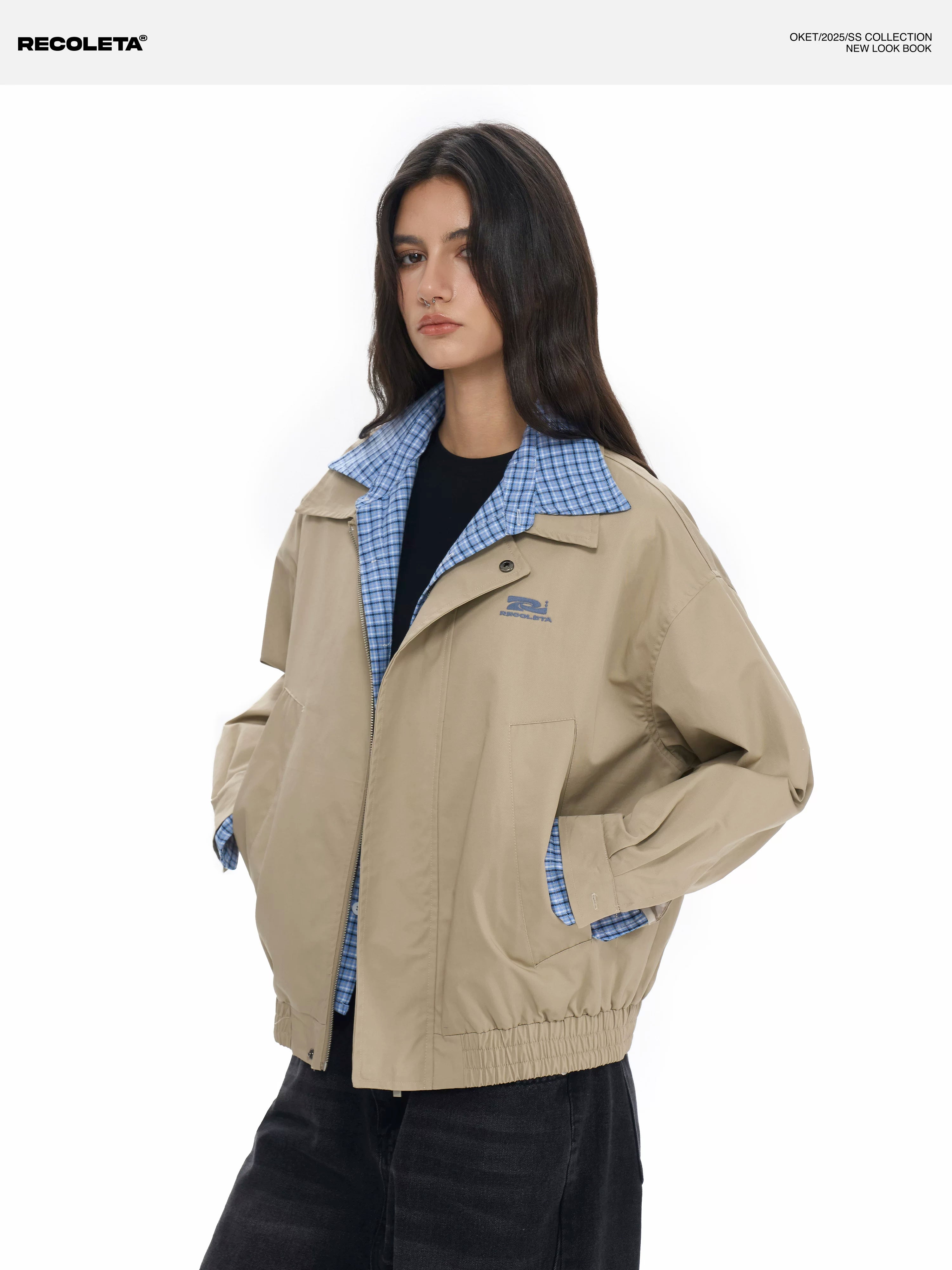 RECOLETA Plaid Spliced Fake Two Piece Cardigan Jacket