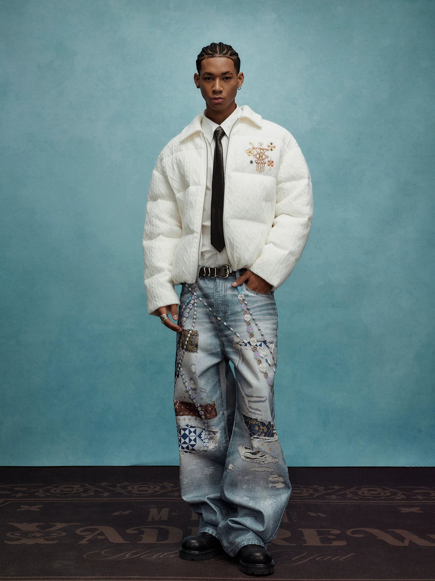 YADxMEDM Baijia Cloth Patch Destroyed Chain Print Jeans