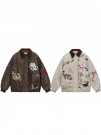 NIKAHOUSE Washed Cute Cat Embroidery Fur Leather Jacket