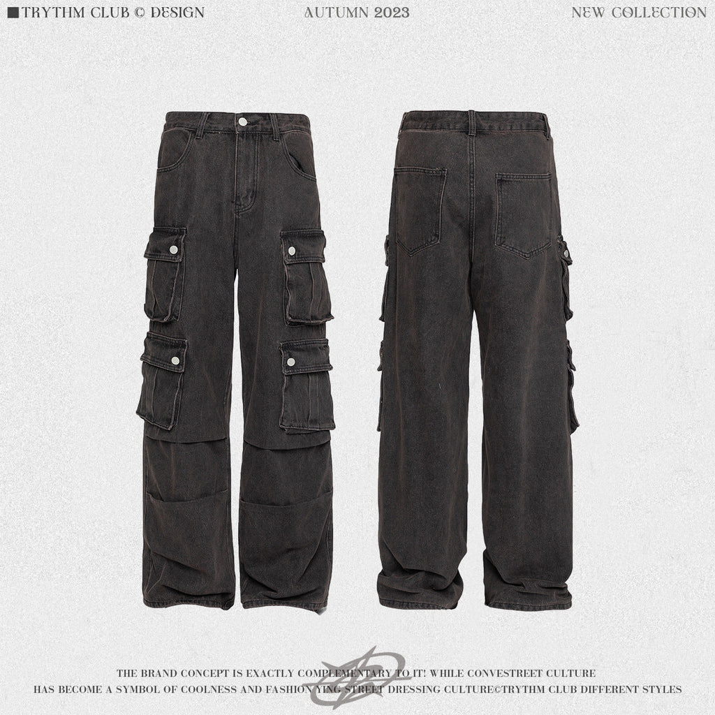 TRYTHMCLUB Vintage Wide Leg Straight Loose Multi-Pocket Jeans