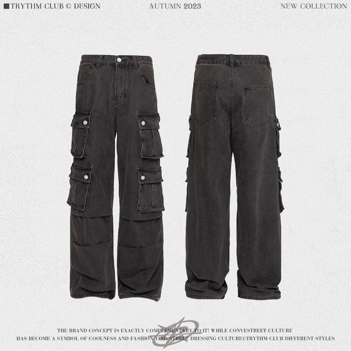 TRYTHMCLUB Vintage Wide Leg Straight Loose Multi-Pocket Jeans