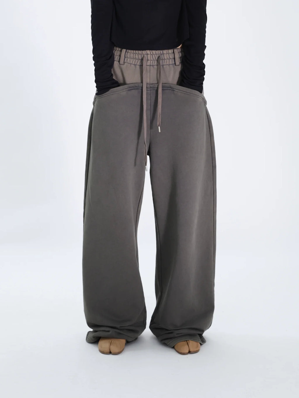 FUZZYKON Loose Old Splicing Double Waist Sweatpants