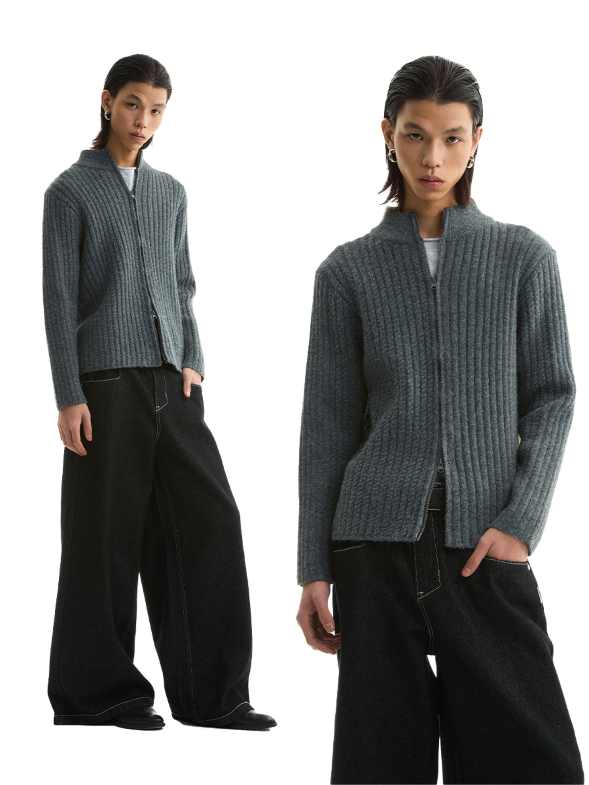 FUNKYFUN Twist Double Pit Strip Zipper Knitted Sweater Jacket