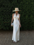 NEVA HU Premium Satin V-Neck Neck Dress