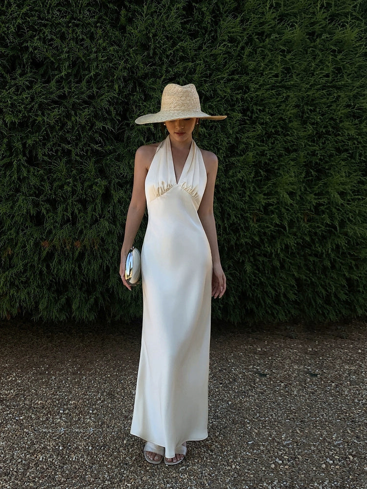 NEVA HU Premium Satin V-Neck Neck Dress