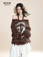 HTYM Halter One-Shoulder Mohair Sweater for Women