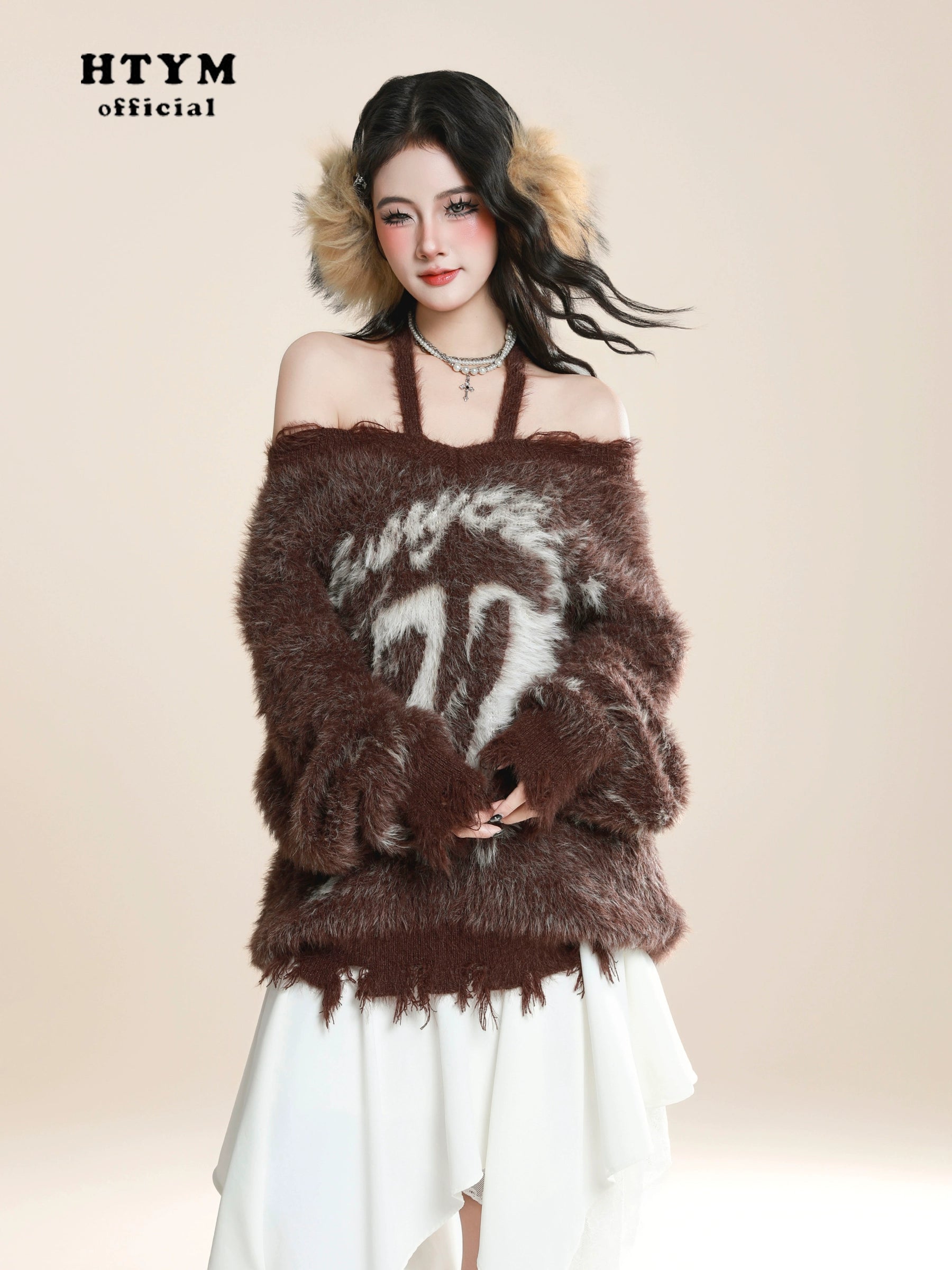 HTYM Halter One-Shoulder Mohair Sweater for Women