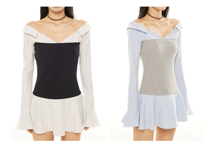 Zero Stripe Splicing V-Neck Slim Fit Dress