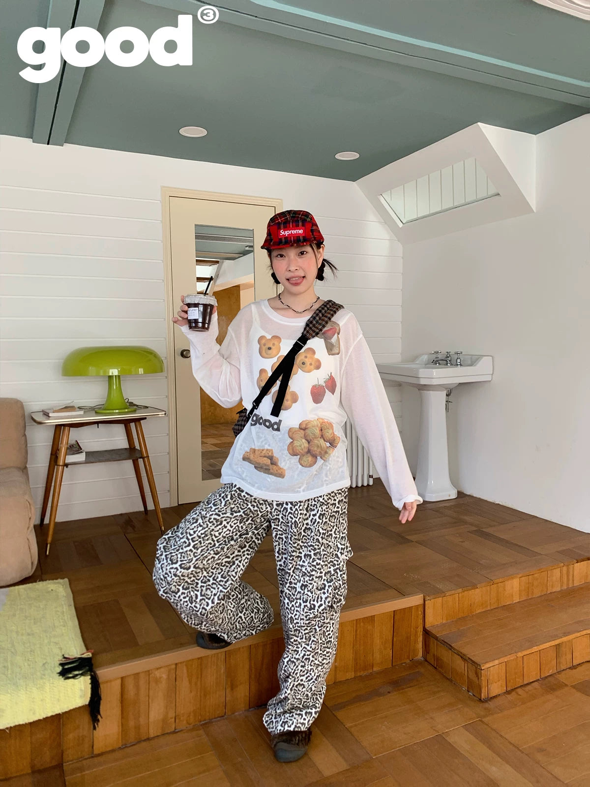 MeihaoStore Leopard Print Pocket Embroidery Wide Leg Overalls